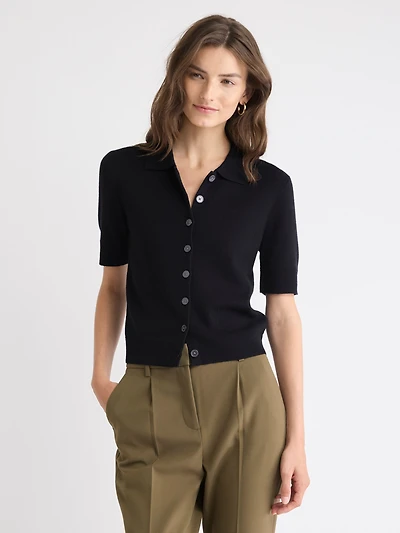 Short Elbow-Sleeve Cardigan with Shirt Collar