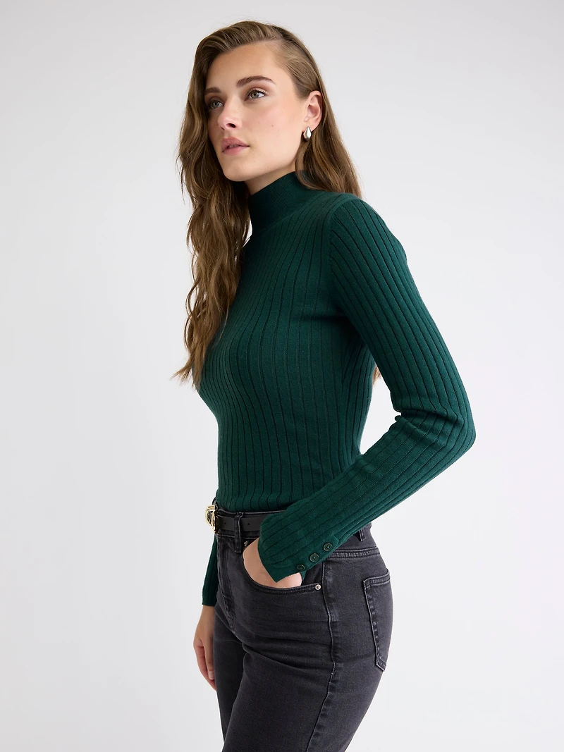Mock-Neck Sweater with Buttons on Sleeves