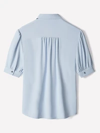 Silky Crepe Short-Sleeve Buttoned-Down Blouse