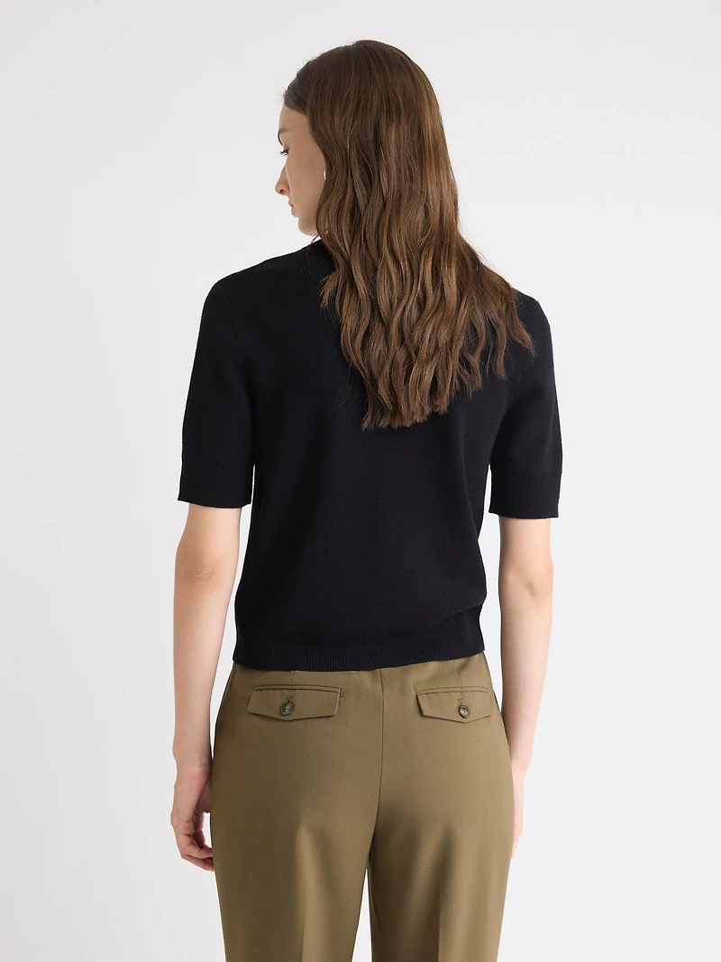 Short Elbow-Sleeve Cardigan with Shirt Collar