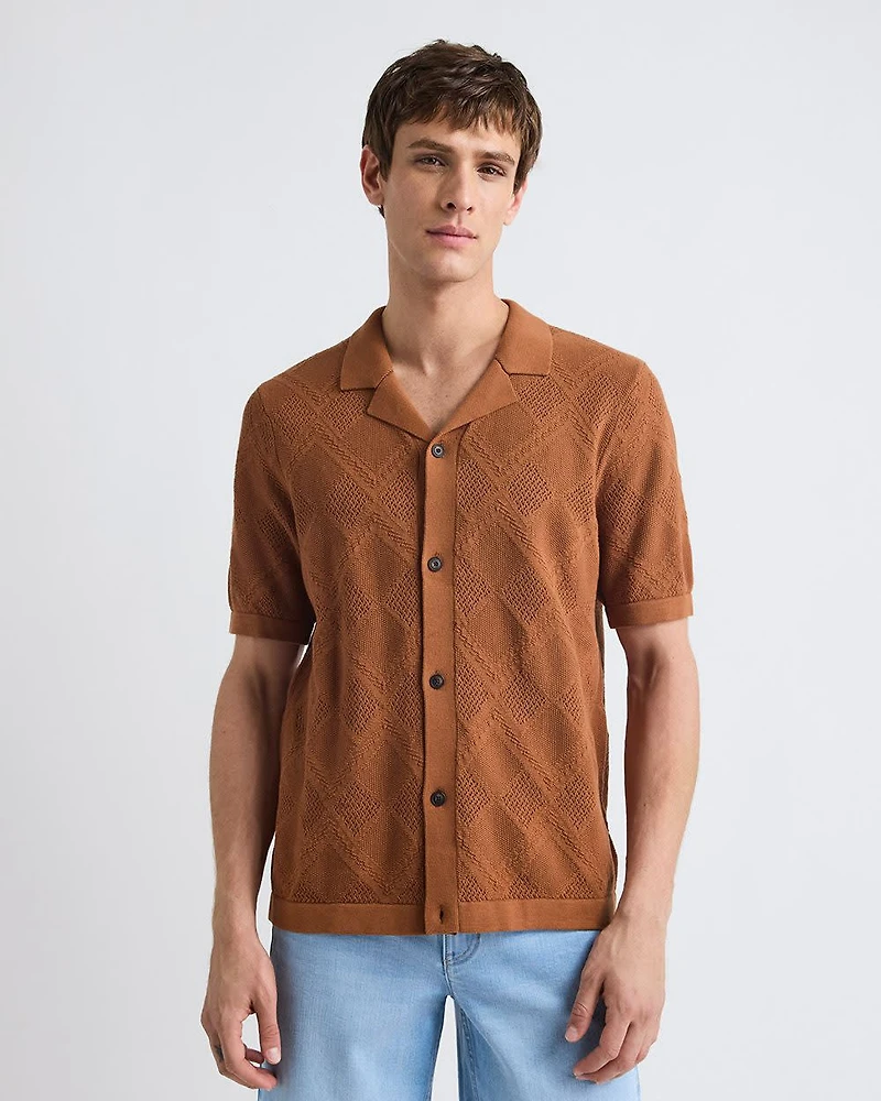 Short-Sleeve Buttoned-Down Argyle Sweater with Camp Collar