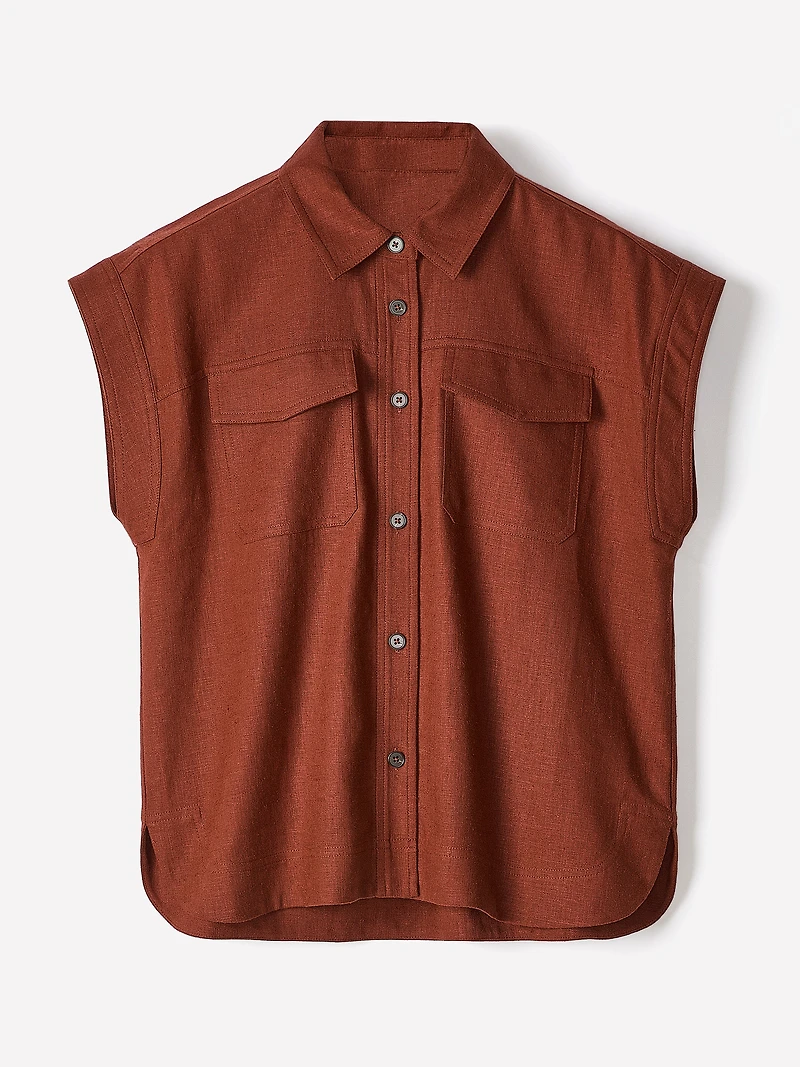Linen-Blend Extended-Sleeve Blouse with Shirt Collar