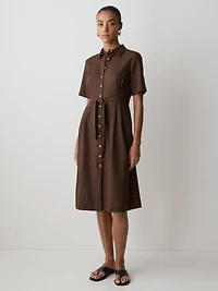 Short-Sleeve Linen-Blend Midi Dress with Shirt Collar