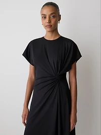Short-Sleeve Crew-Neck Midi Dress with Draped Detail