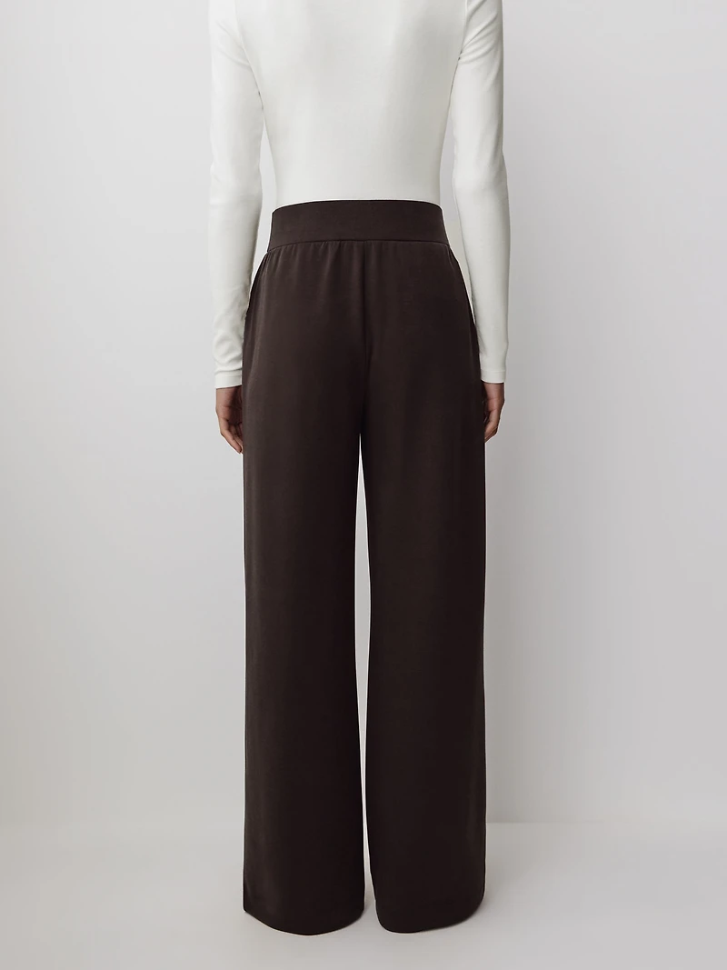 Pantalon à Jambe Large Détails Pincés et Taille Mi-Haute