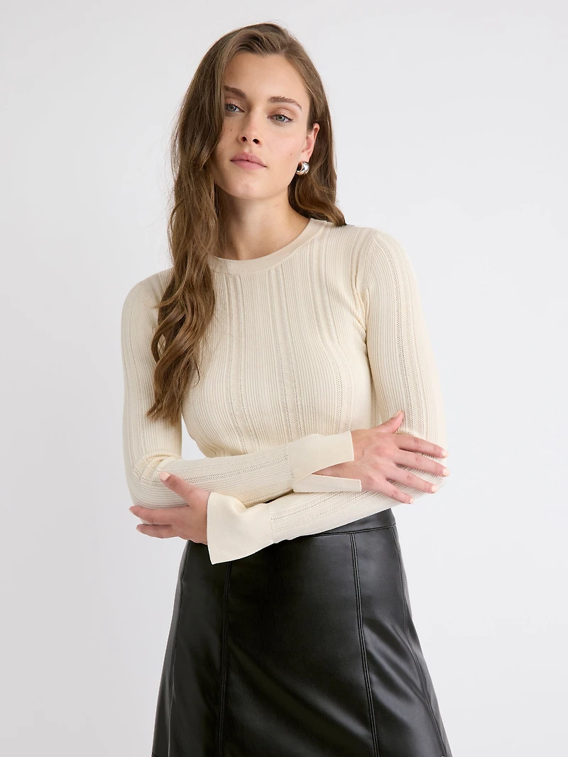 Long-Sleeve Crew-Neck Bodycon Top with Pointelle Stitches