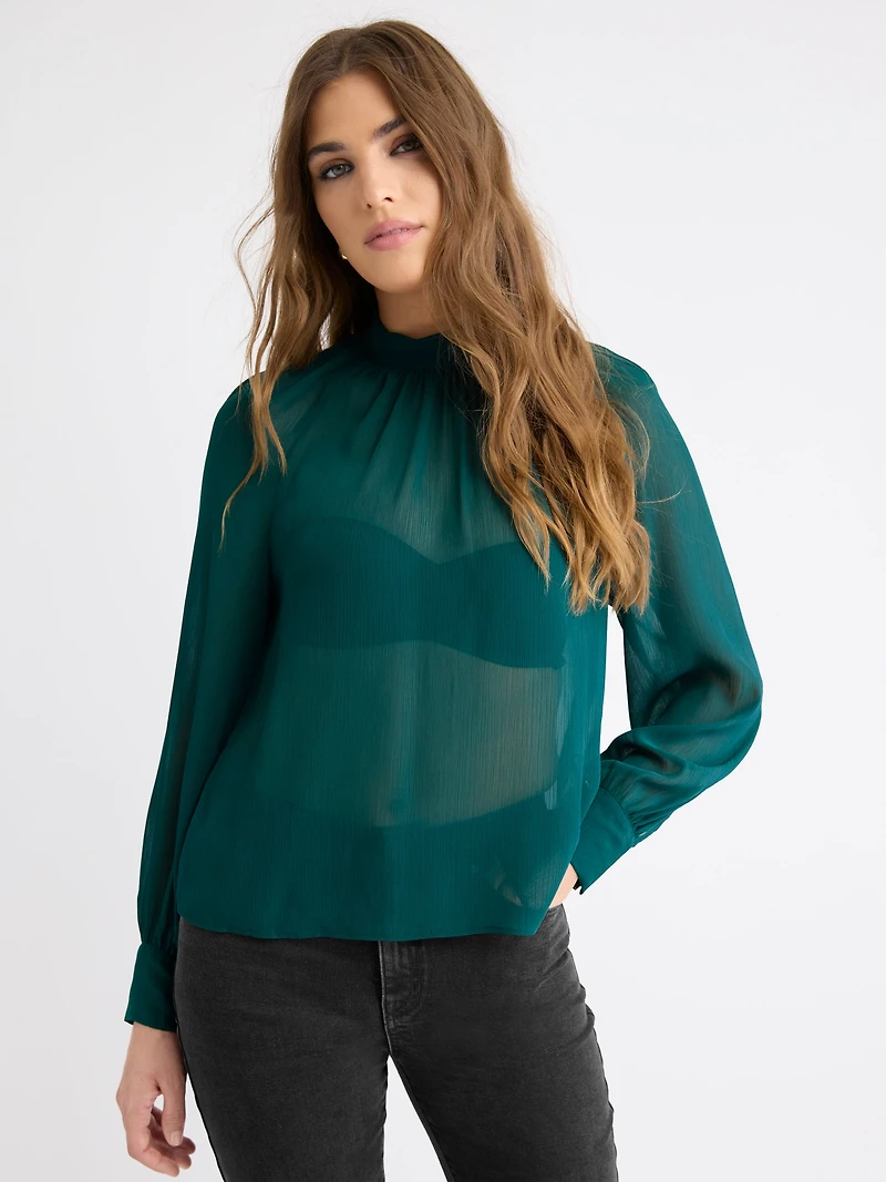 Long-Sleeve Chiffon Popover Blouse