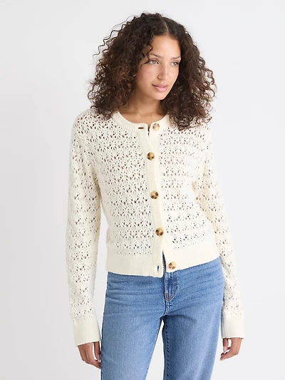 Long-Sleeve Short Cardigan with Fancy Stitches