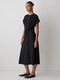 Short-Sleeve Crew-Neck Midi Dress with Draped Detail