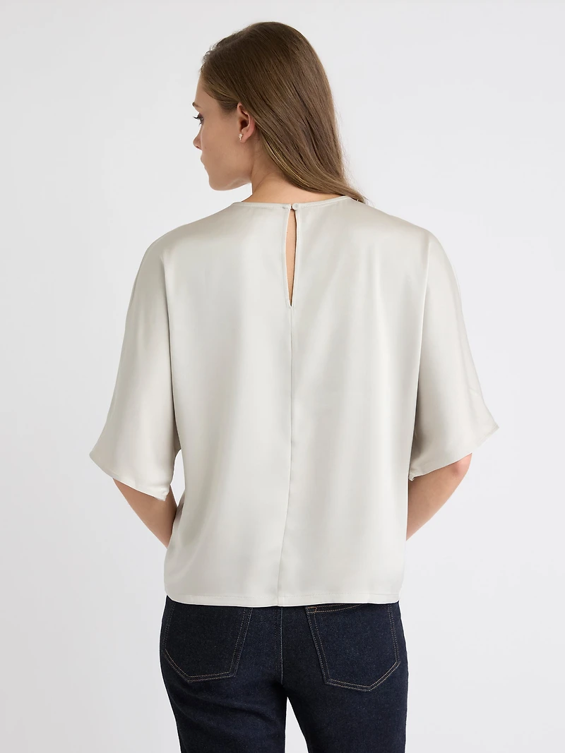 Long-Sleeve Crew-Neck Satin Blouse