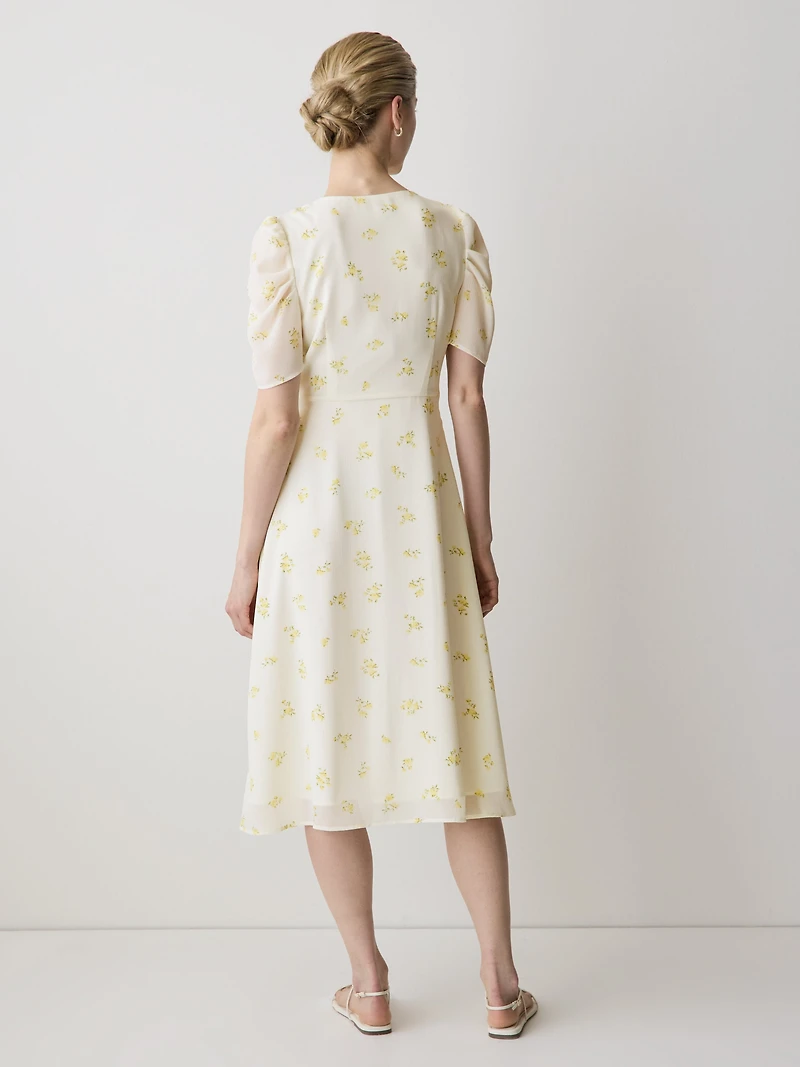 Short-Sleeve Chiffon Midi Dress with Lace Trim