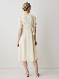 Short-Sleeve Chiffon Midi Dress with Lace Trim