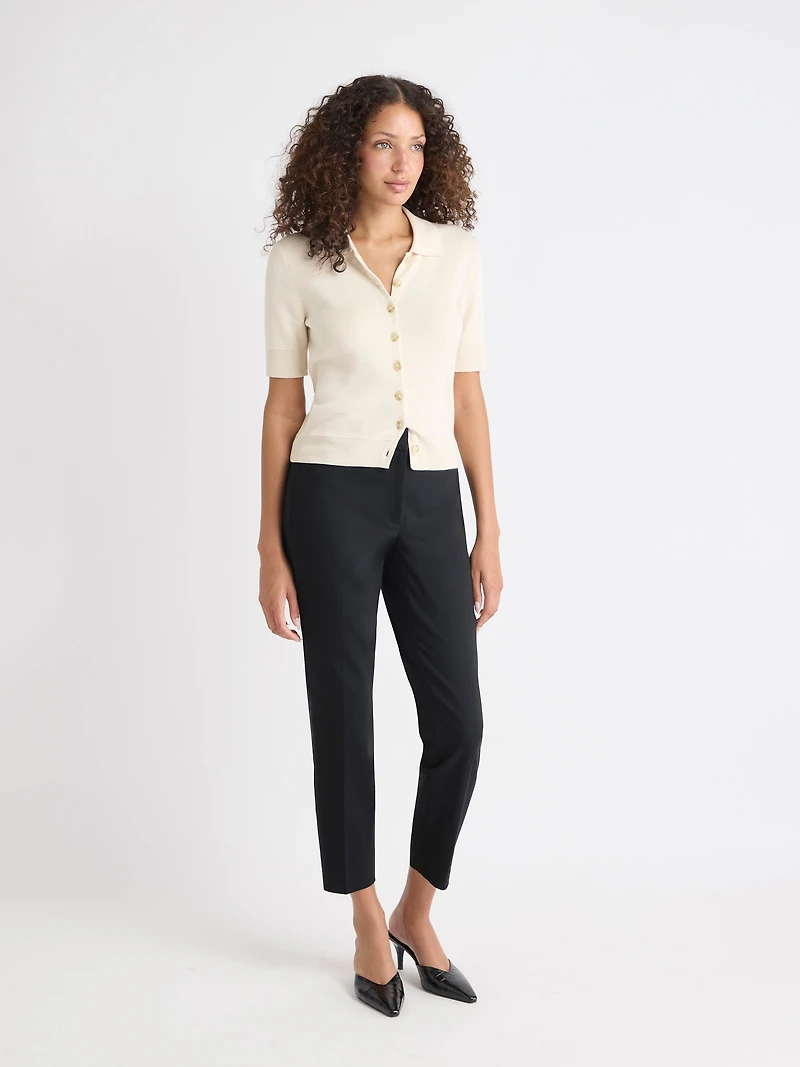 Short Elbow-Sleeve Cardigan with Shirt Collar