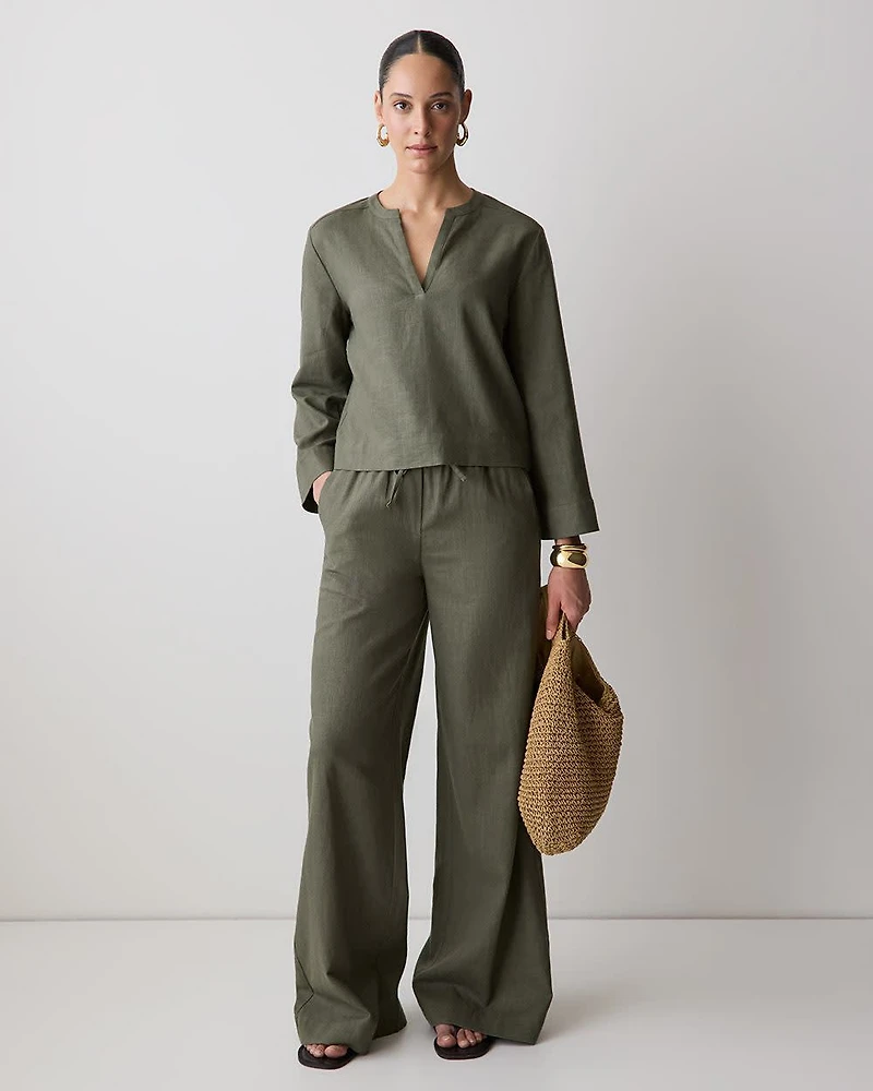 Linen Long-Sleeve Popover Blouse