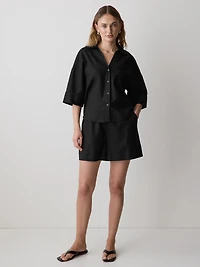 Blouse en Mélange de Lin à Manches Courtes et Col Chemisier