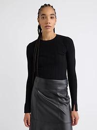 Long-Sleeve Crew-Neck Bodycon Top with Pointelle Stitches
