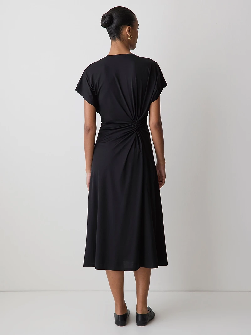 Short-Sleeve Crew-Neck Midi Dress with Draped Detail