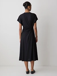 Short-Sleeve Crew-Neck Midi Dress with Draped Detail