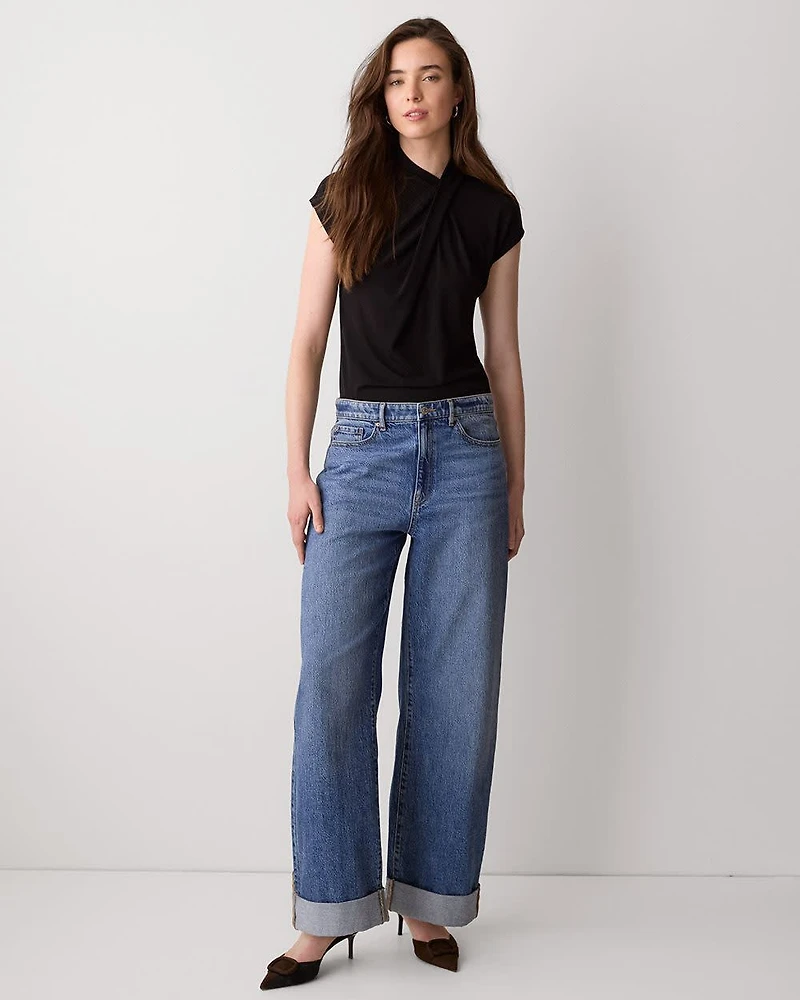 Extended-Sleeve Top with Crossover Draped Mock Neckline