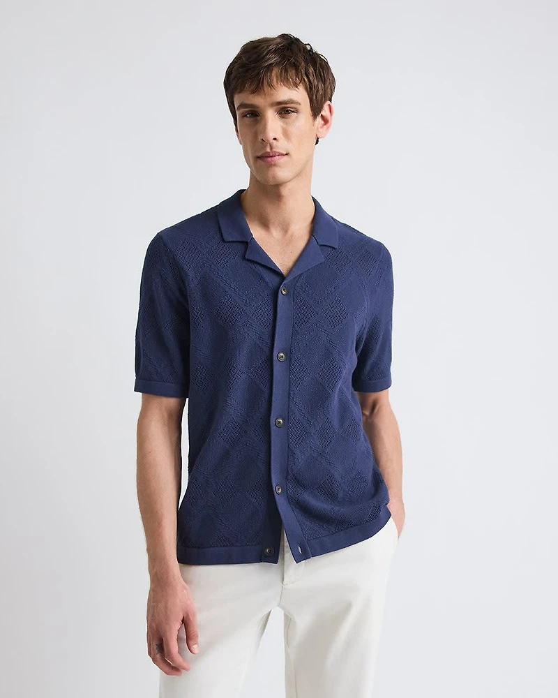 Short-Sleeve Buttoned-Down Argyle Sweater with Camp Collar