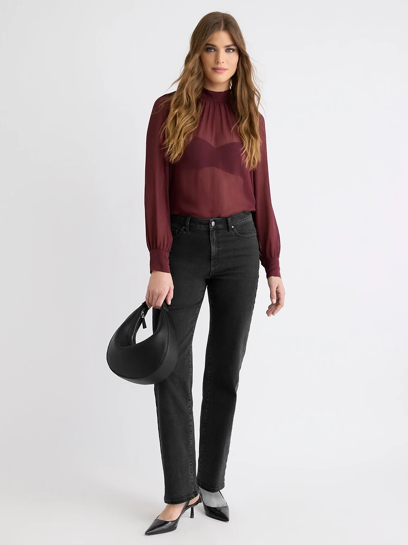 Long-Sleeve Chiffon Popover Blouse