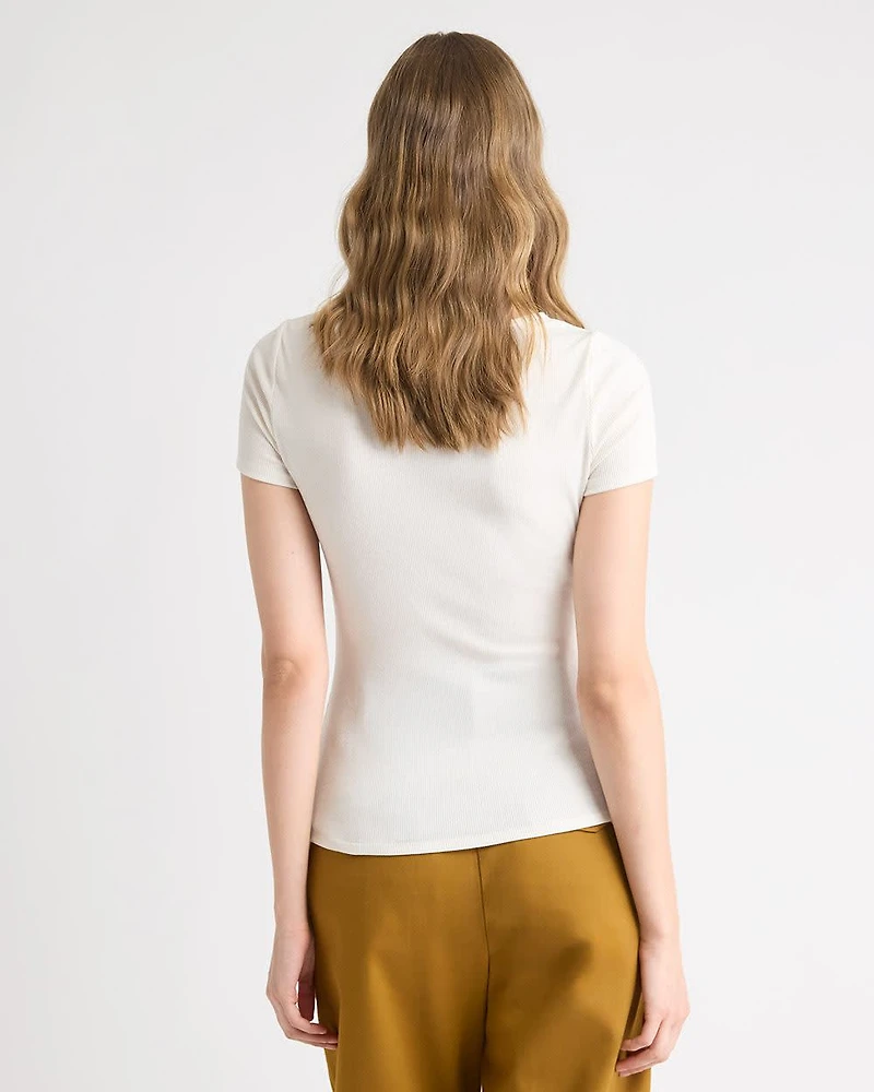 Haut Côtelé à Col Carré et Manches Courtes