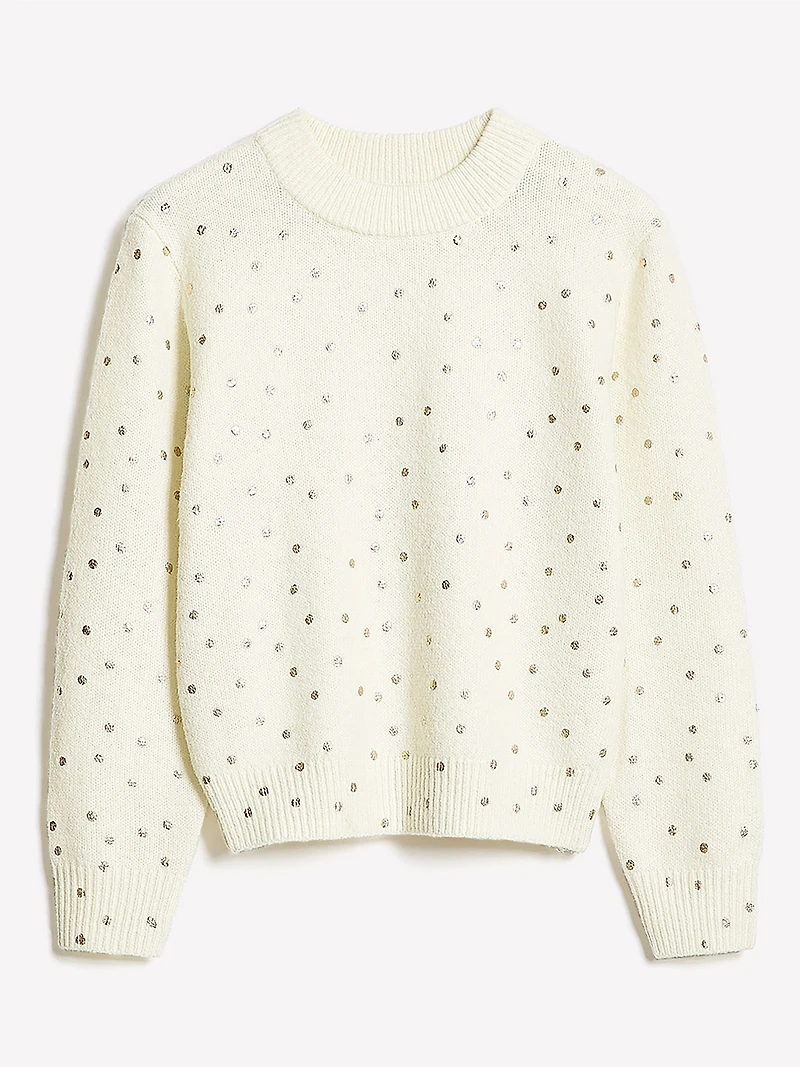 Pull en Laine à Manches Longues et Col Rond Pois Métalliques