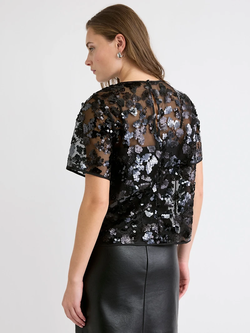 Short-Sleeve Crew-Neck Sequins Popover Blouse