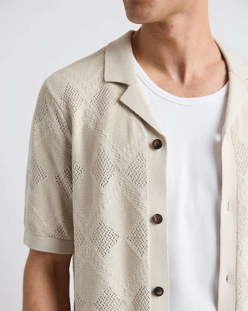 Short-Sleeve Buttoned-Down Argyle Sweater with Camp Collar