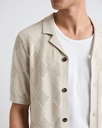 Short-Sleeve Buttoned-Down Argyle Sweater with Camp Collar