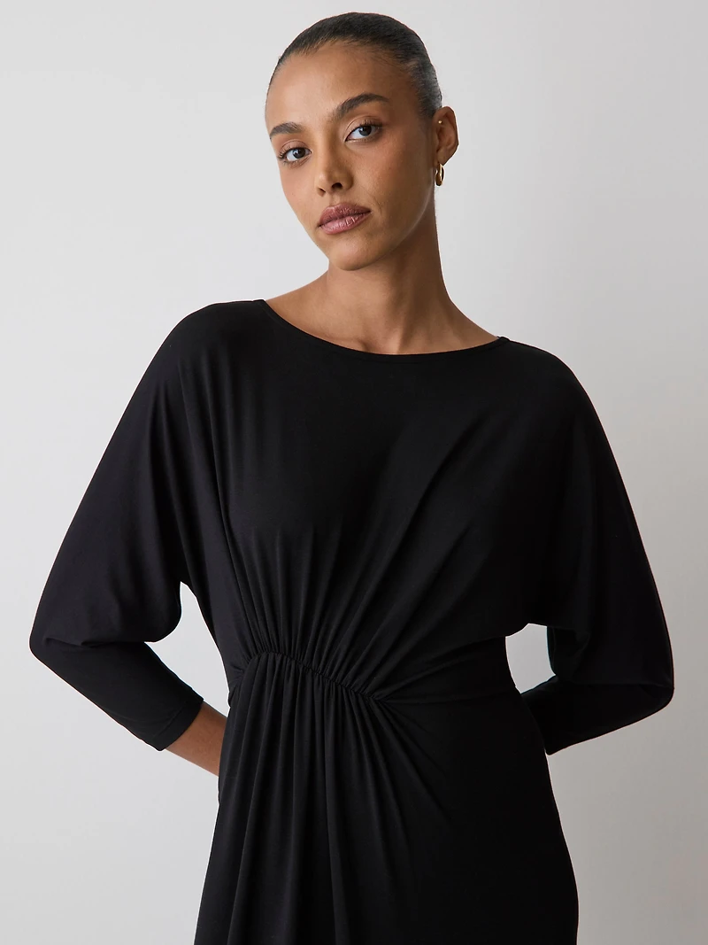 3/4-Sleeve Cowl-Neck Dress with Shirred Waist