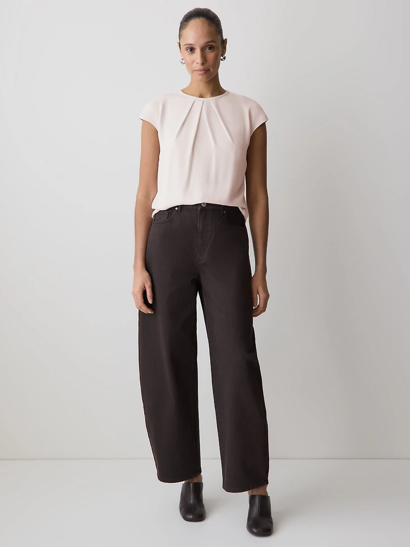 Mix-Media Cap-Sleeve Crew-Neck Blouse