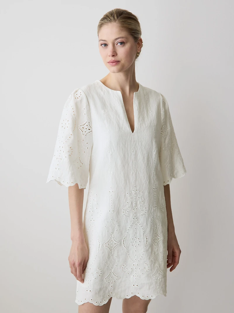 Split-Neck Flare Mini Dress with Embroideries