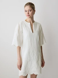 Split-Neck Flare Mini Dress with Embroideries
