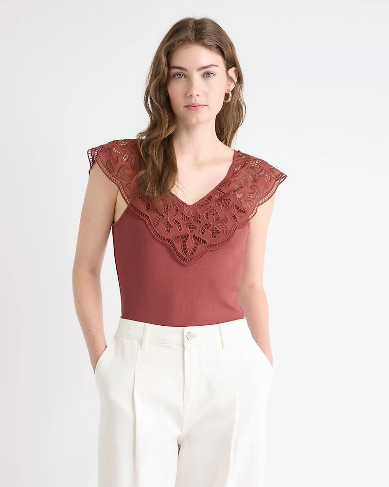 V-Neck Ribbed Top with Short Flutter Sleeves