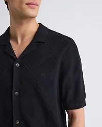 Short-Sleeve Buttoned-Down Argyle Sweater with Camp Collar