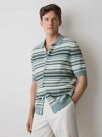 Striped Short-Sleeve Sweater with Shirt Collar