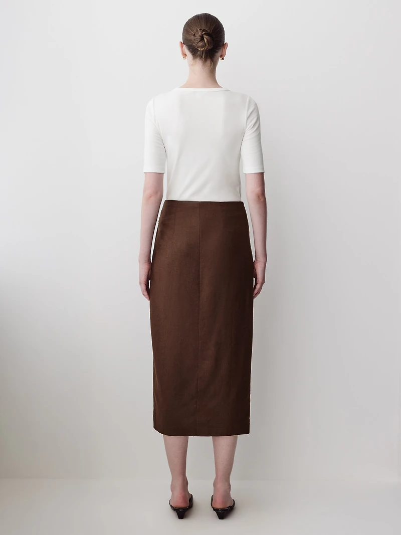 Linen-Blend Straight Midi Skirt with Wrap Front