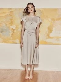 Short-Sleeve Cocktail Midi Dress with Draped Detail