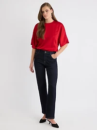 Long-Sleeve Crew-Neck Satin Blouse