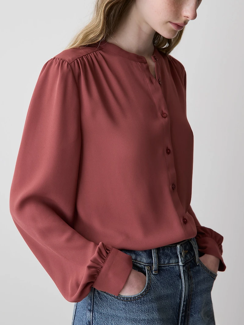 Silky Crepe Long-Sleeve Buttoned-Down Blouse