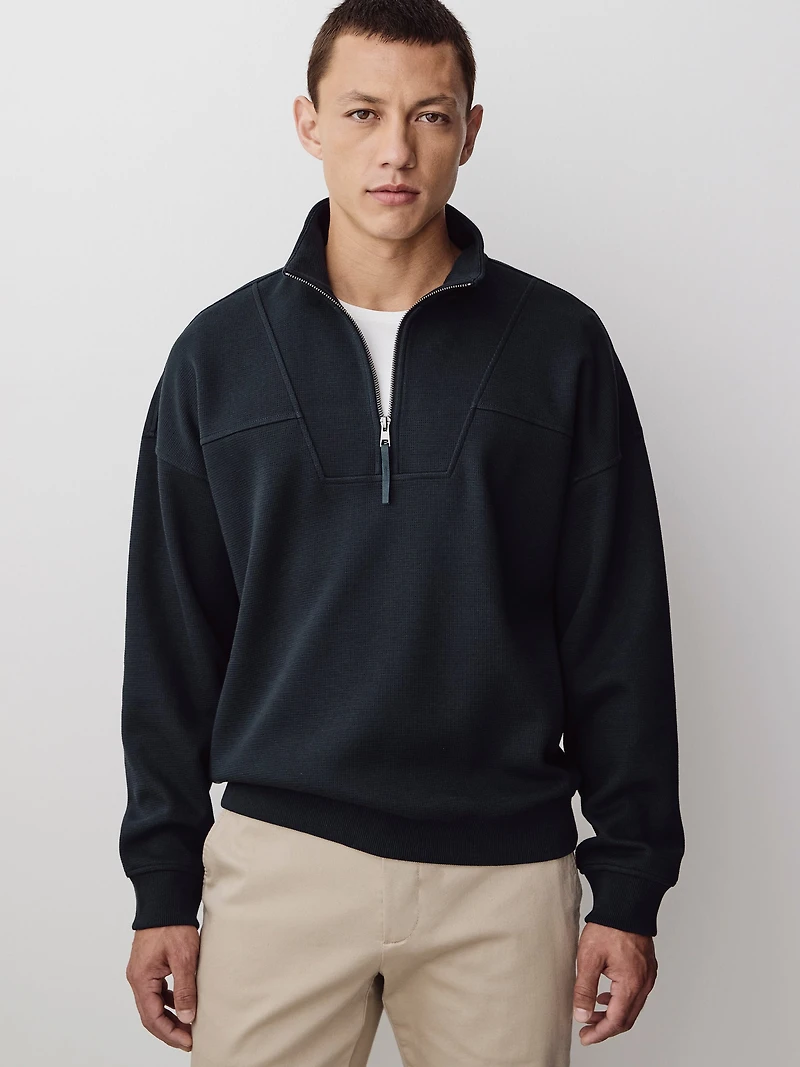 Pull Gaufré à Col Montant Demi-Zip et Manches Longues