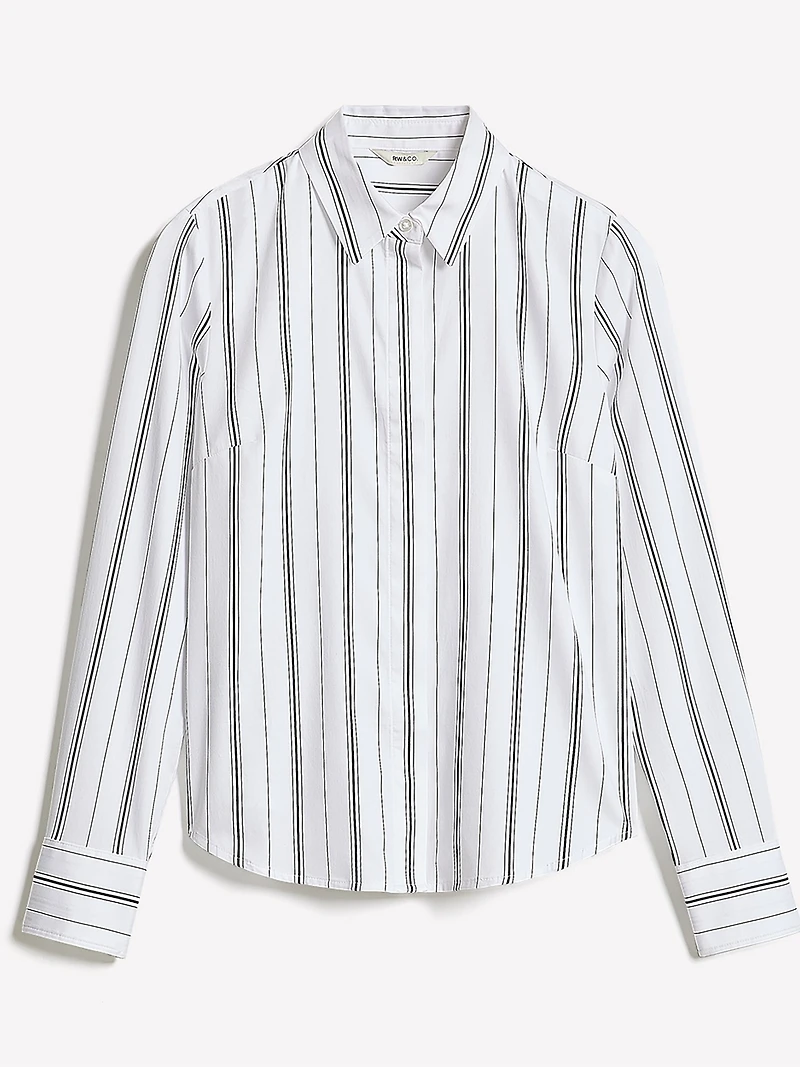 Blouse Boutonnée en Popeline Rayée à Manches Longues