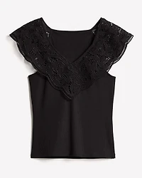 V-Neck Ribbed Top with Short Flutter Sleeves