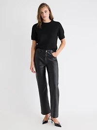 Pantalon Taille Haute en Faux Cuir à Jambe Droite