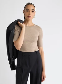 T-Shirt Ajusté à Manches aux Coudes et Col Rond