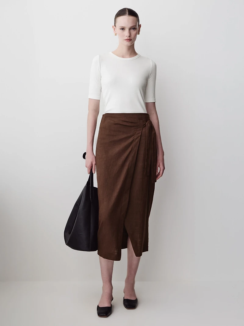 Linen-Blend Straight Midi Skirt with Wrap Front