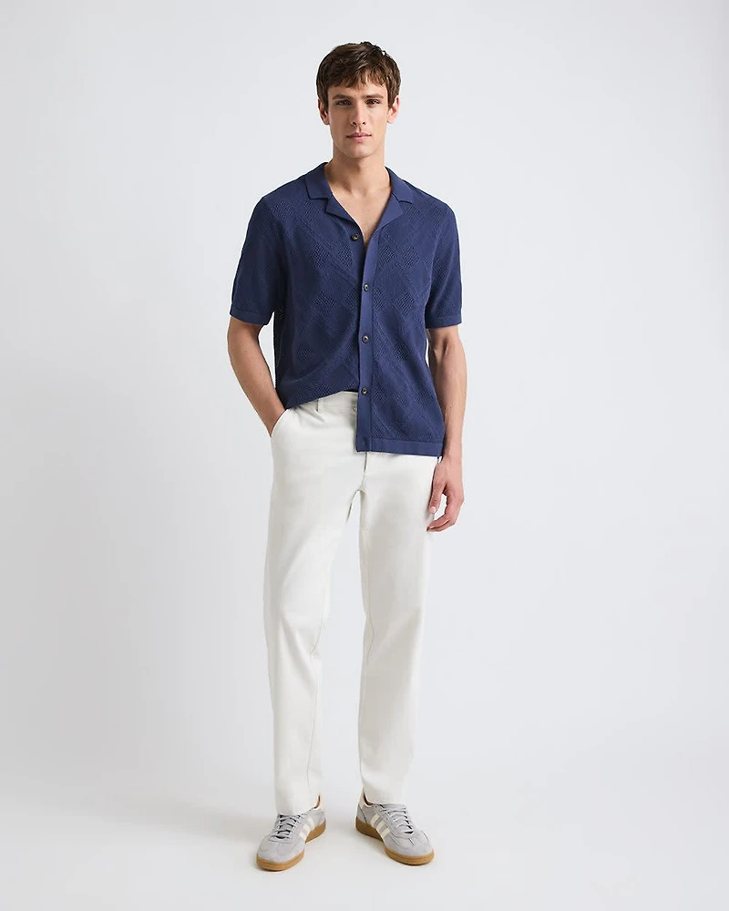 Short-Sleeve Buttoned-Down Argyle Sweater with Camp Collar