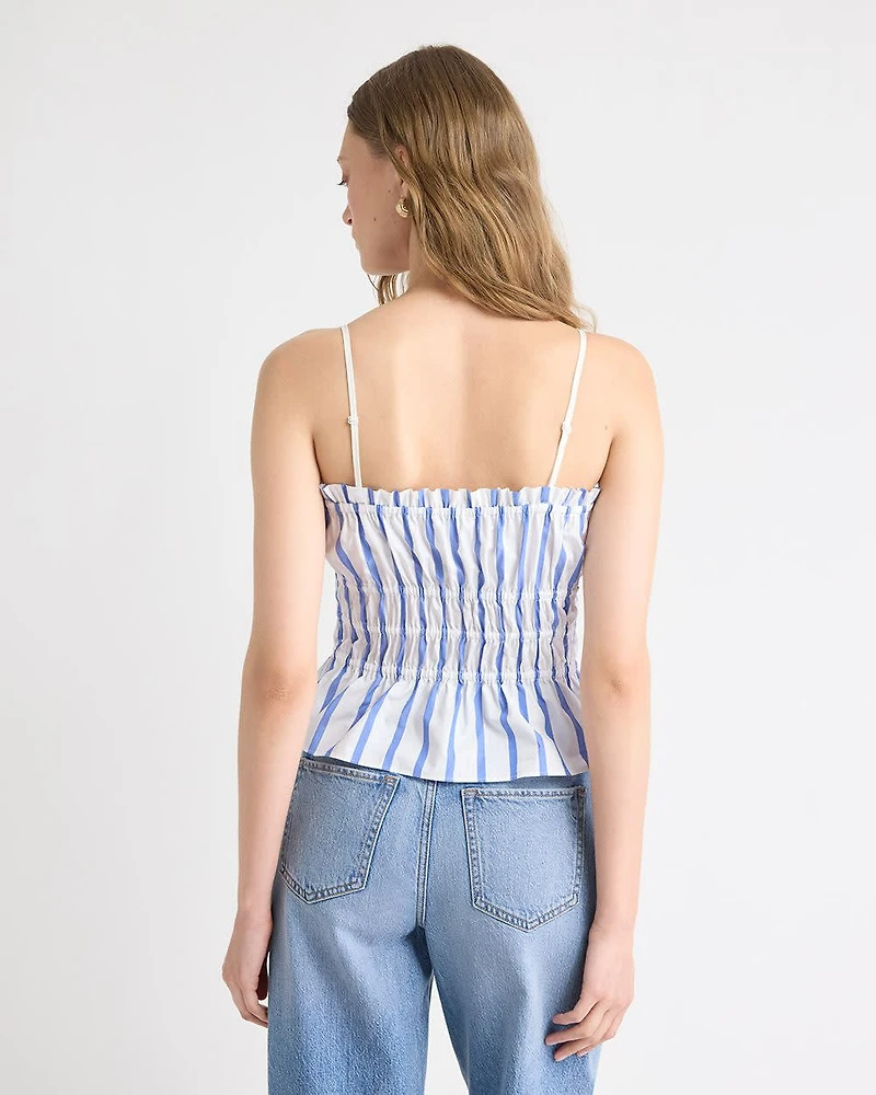 Striped Sleeveless Square-Neck Smocked Poplin Blouse