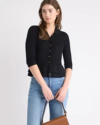 Cardigan à Col Polo et Ourlet Volants